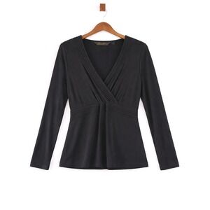 Eddie Bauer Black V Neck Long Sleeve Pleated Faux‎ Wrap Top Women's XXL